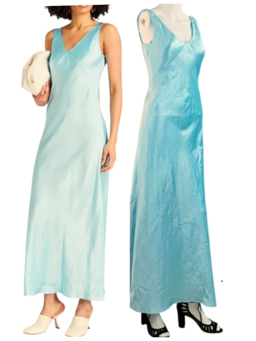 Vince V-neck Maxi Slip Dress Light Lagoon Beautiful Crinkle Satin Finish!